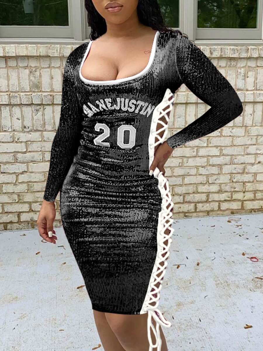 

Lovely Sexy Letter Print Bandage Design Black Knee Length Dress