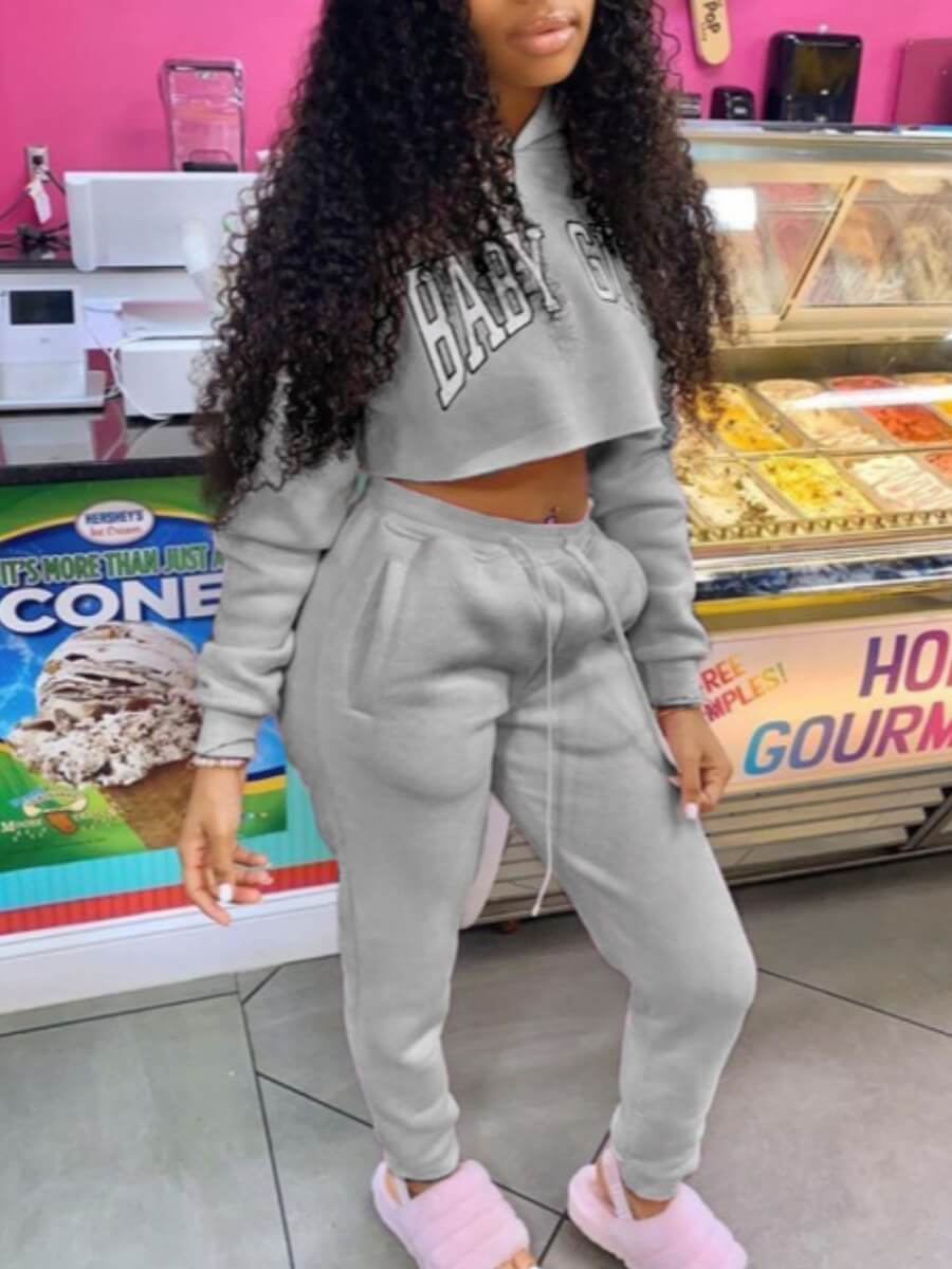 

Lovely Casual Hooded Collar Letter Print Light Grey Two Piece Pants Set