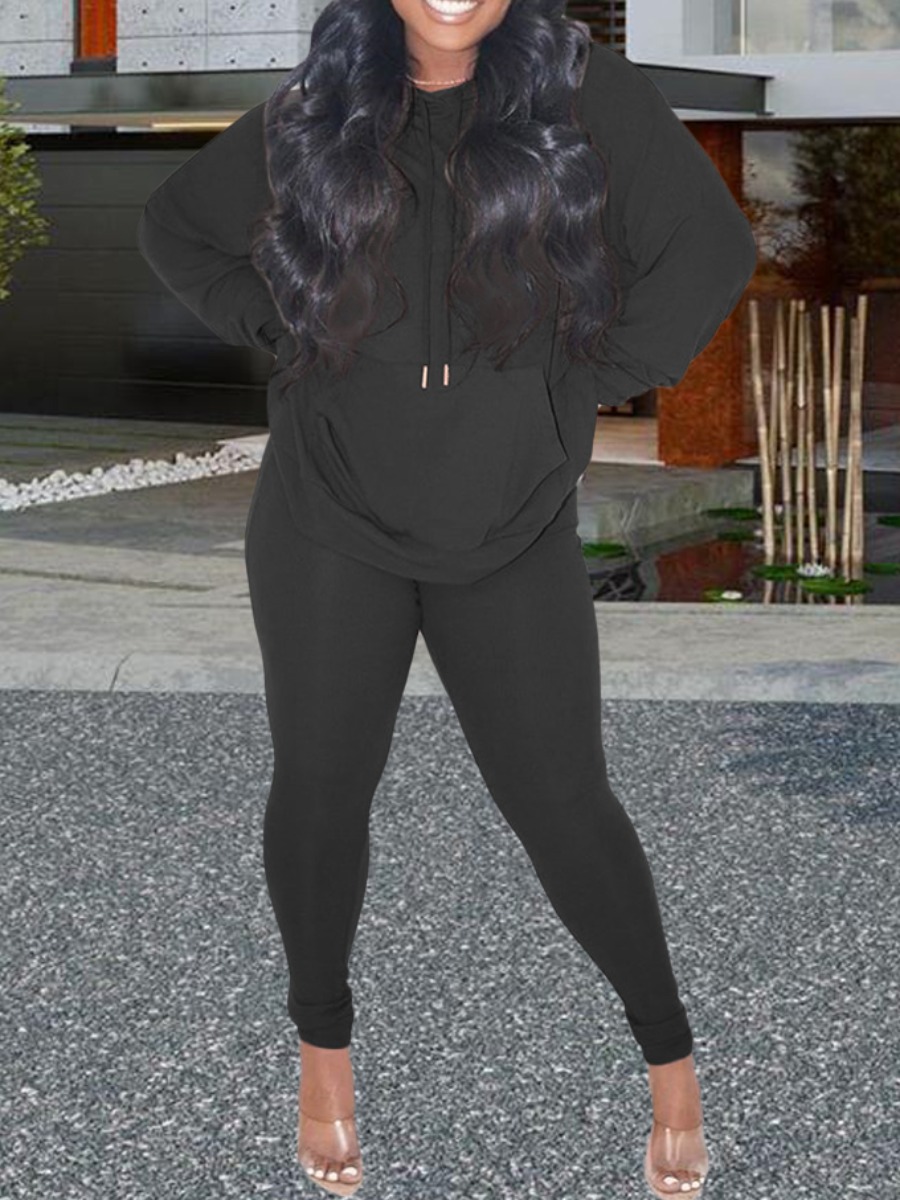 

Lovely Leisure Hooded Collar Pocket Patched Black Two Piece Pants Set