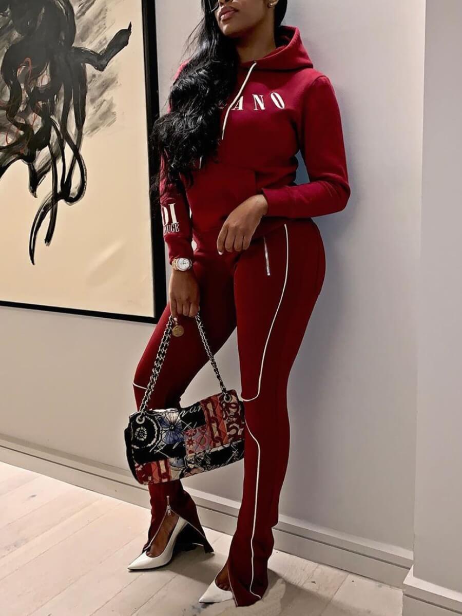 lovely Sportswear Hooded Collar Letter Print Wine Red Two Piece Pants Set