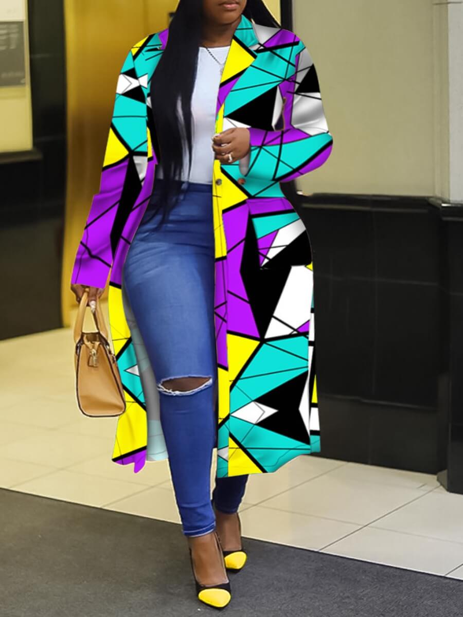 

Lovely Trendy Turndown Collar Print Blue Long Plus Size Trench Coat