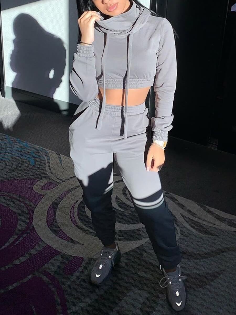 

Lovely Casual Turtleneck Drawstring Grey Two Piece Pants Set