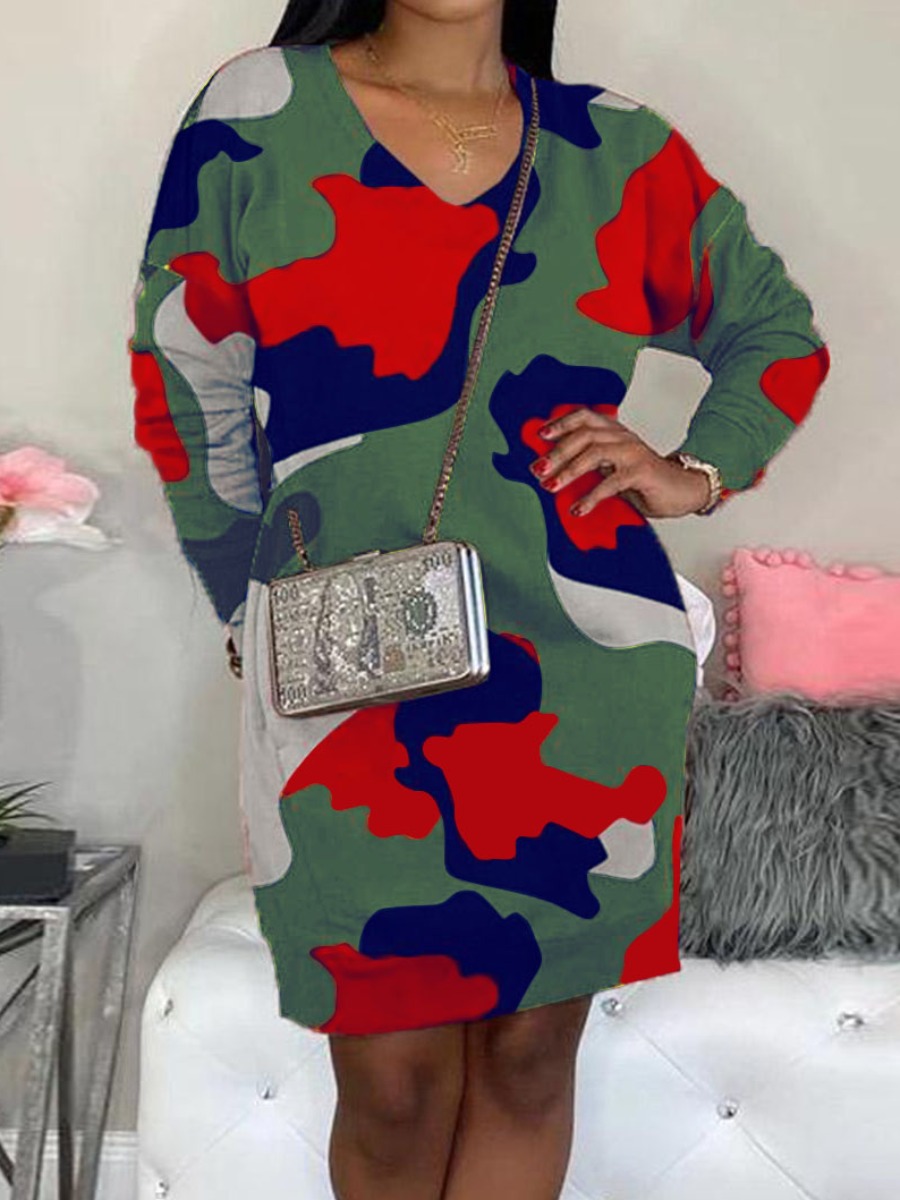 

lovely Casual V Neck Camo Print Green Knee Length Dress