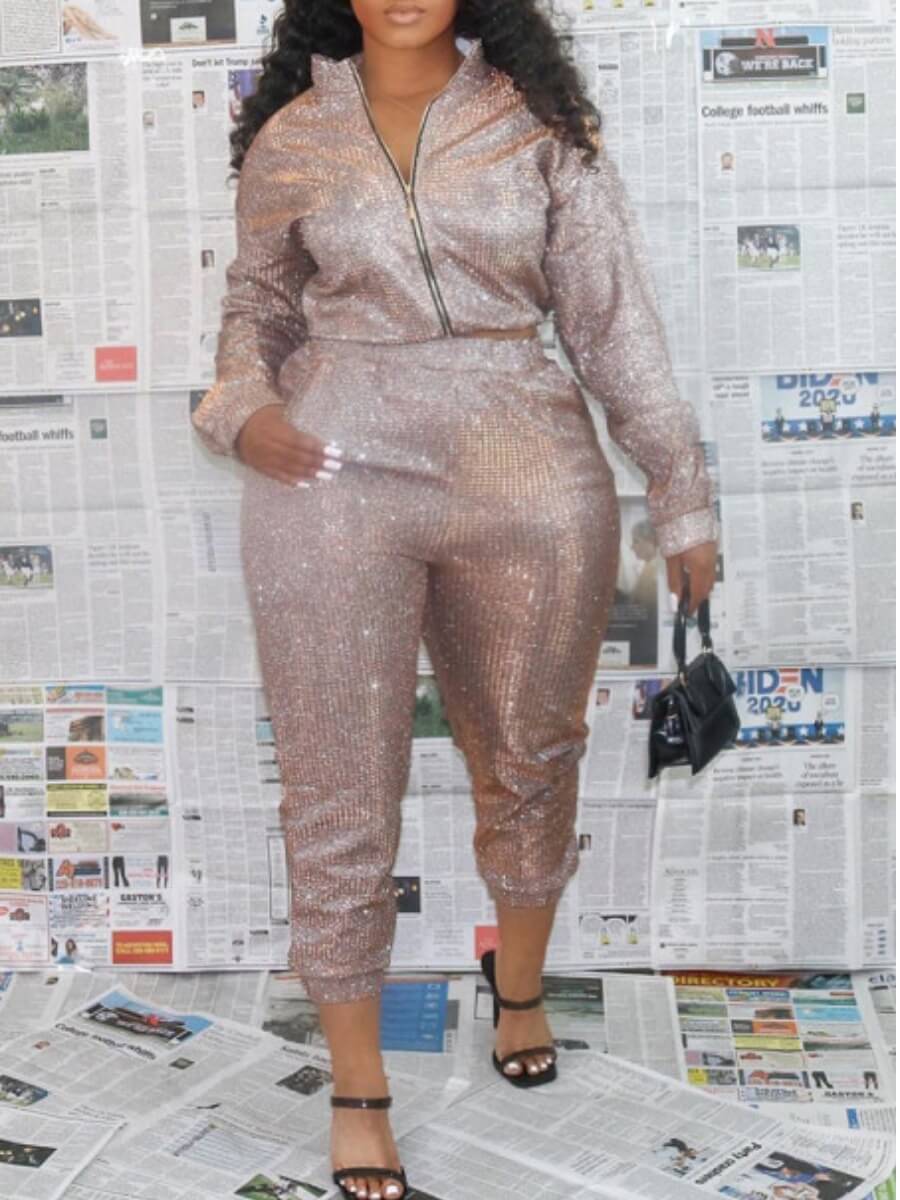 

Lovely Street Zipper Design Loose Pink Plus Size Two-piece Pants Set