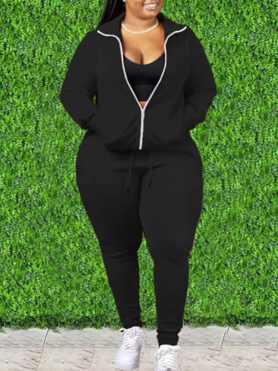

LW Plus Size Turndown Collar Zipper Design Tracksuit Set, Black