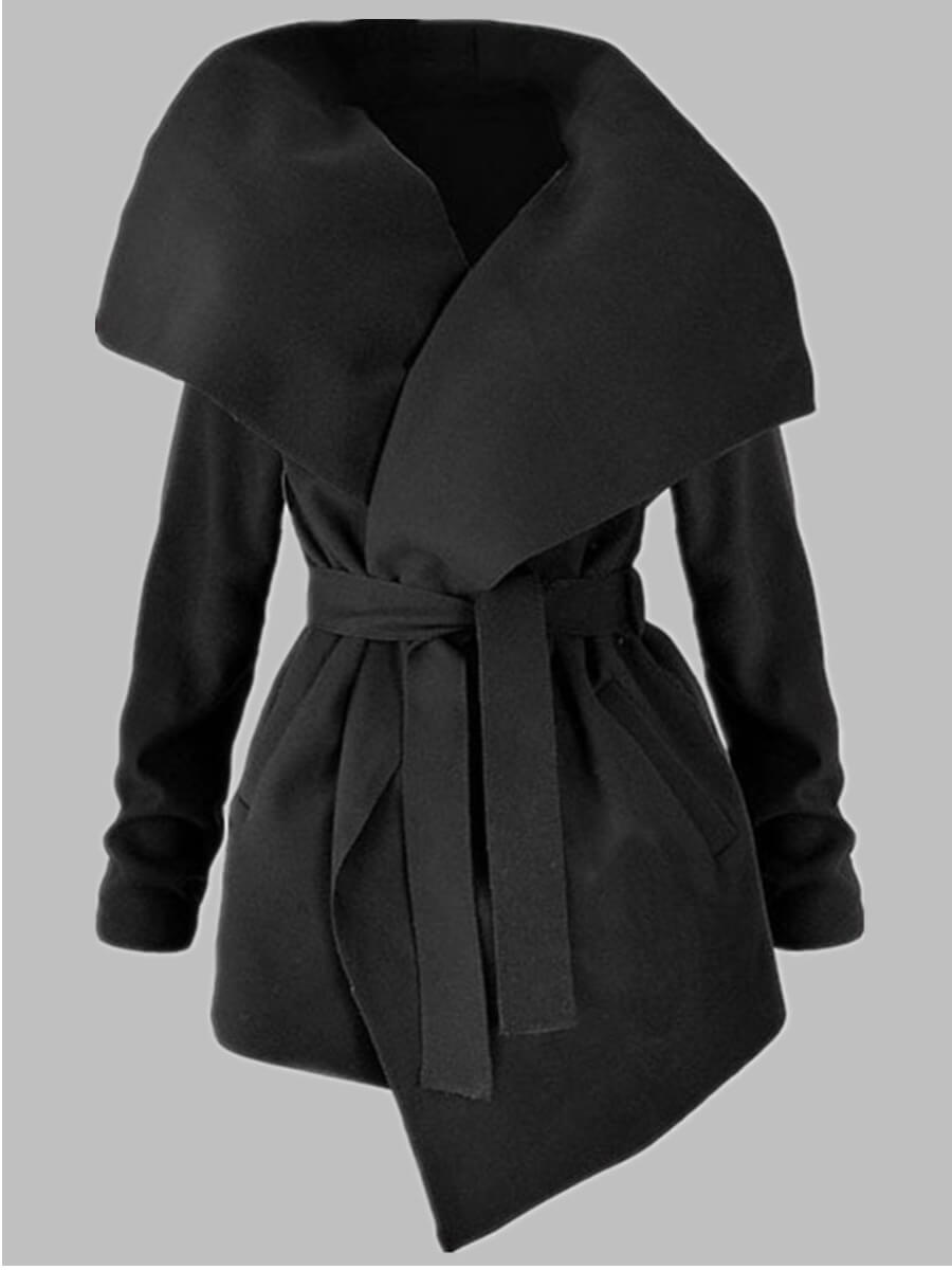 

Lovely Casual Turndown Collar Lace-up Black Coat