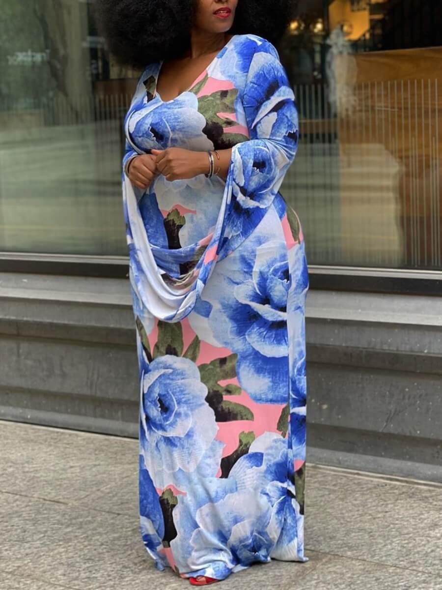 

Lovely Casual V Neck Floral Print Blue Maxi Plus Size Dress