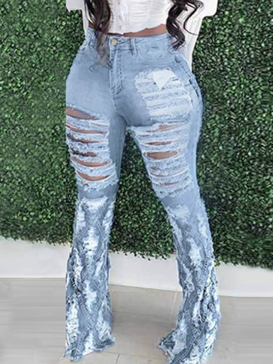 

Lovely Street Broken Holes Patchwork Baby Blue Jeans