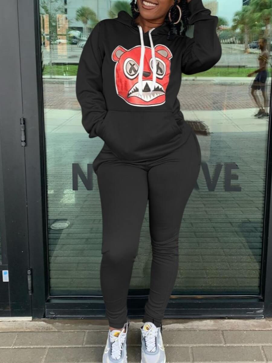 

Lovely Casual Hooded Collar Cartoon Print Black Plus Size Two-piece Pants Set
