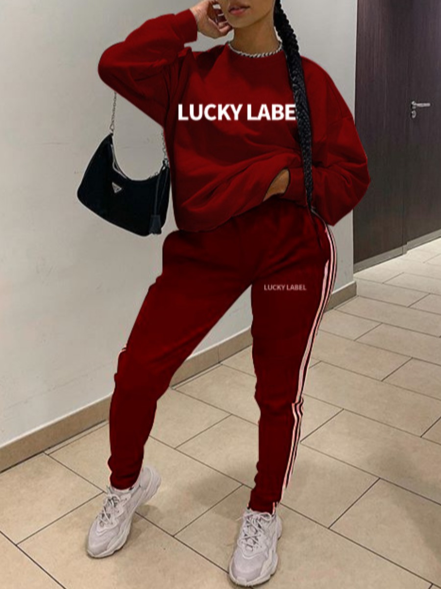

Lovely Sportswear O Neck Letter Print Wine Red Two Piece Pants Set