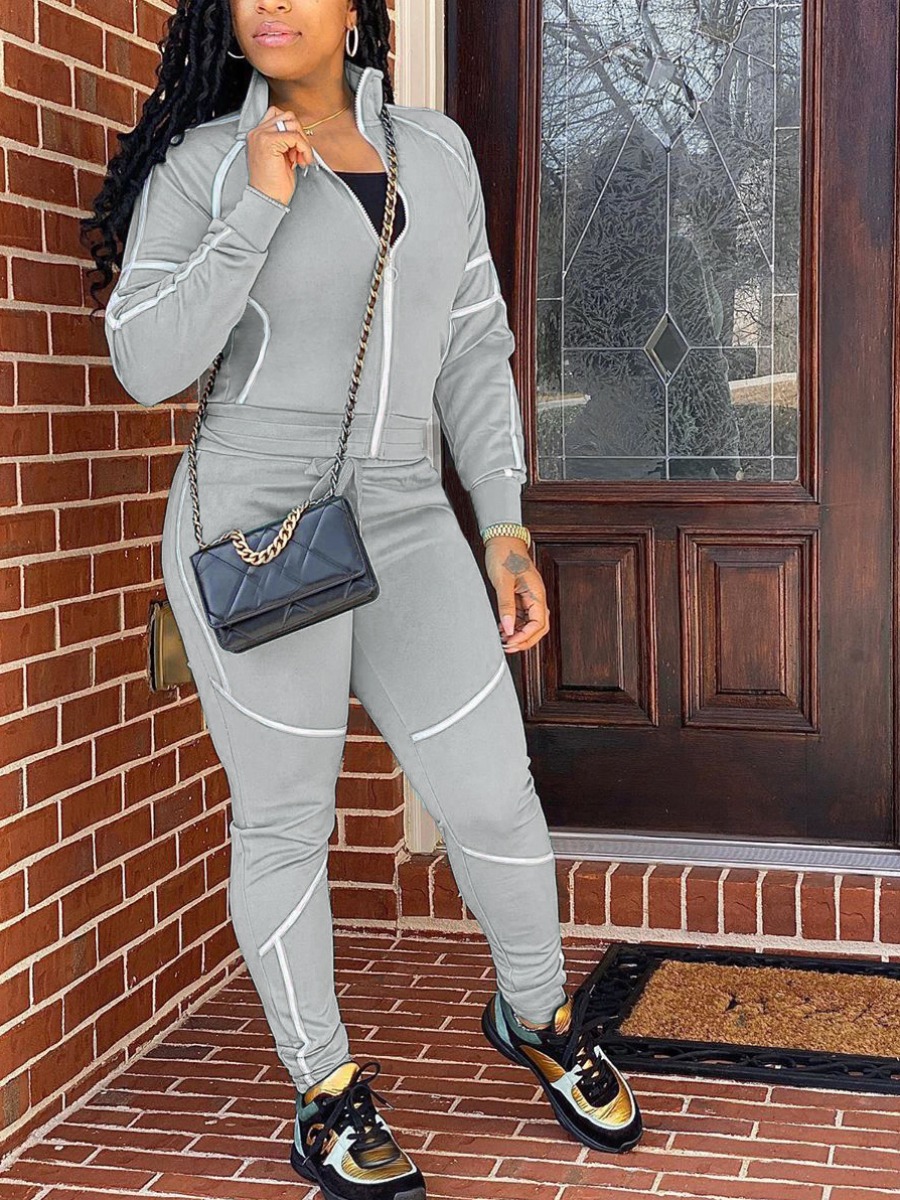 

Lovely Sportswear Turndown Collar Patchwork Grey Two Piece Pants Set