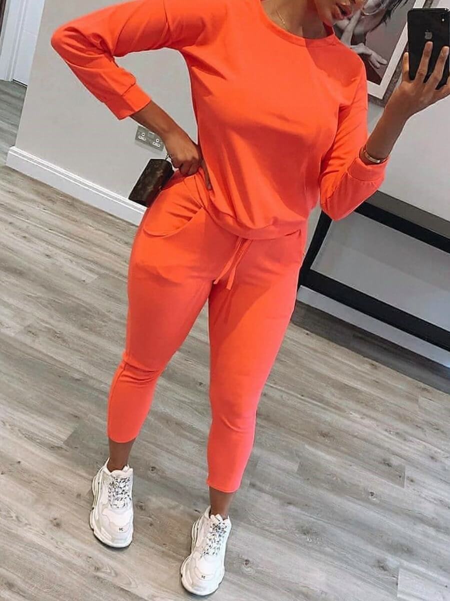 

Lovely Casual O Neck Lace-up Jacinth Two Piece Pants Set