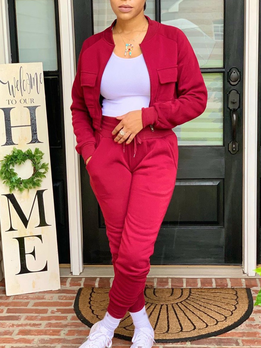 

Lovely Stylish Pocket Patched Zipper Design Red Two Piece Pants Set