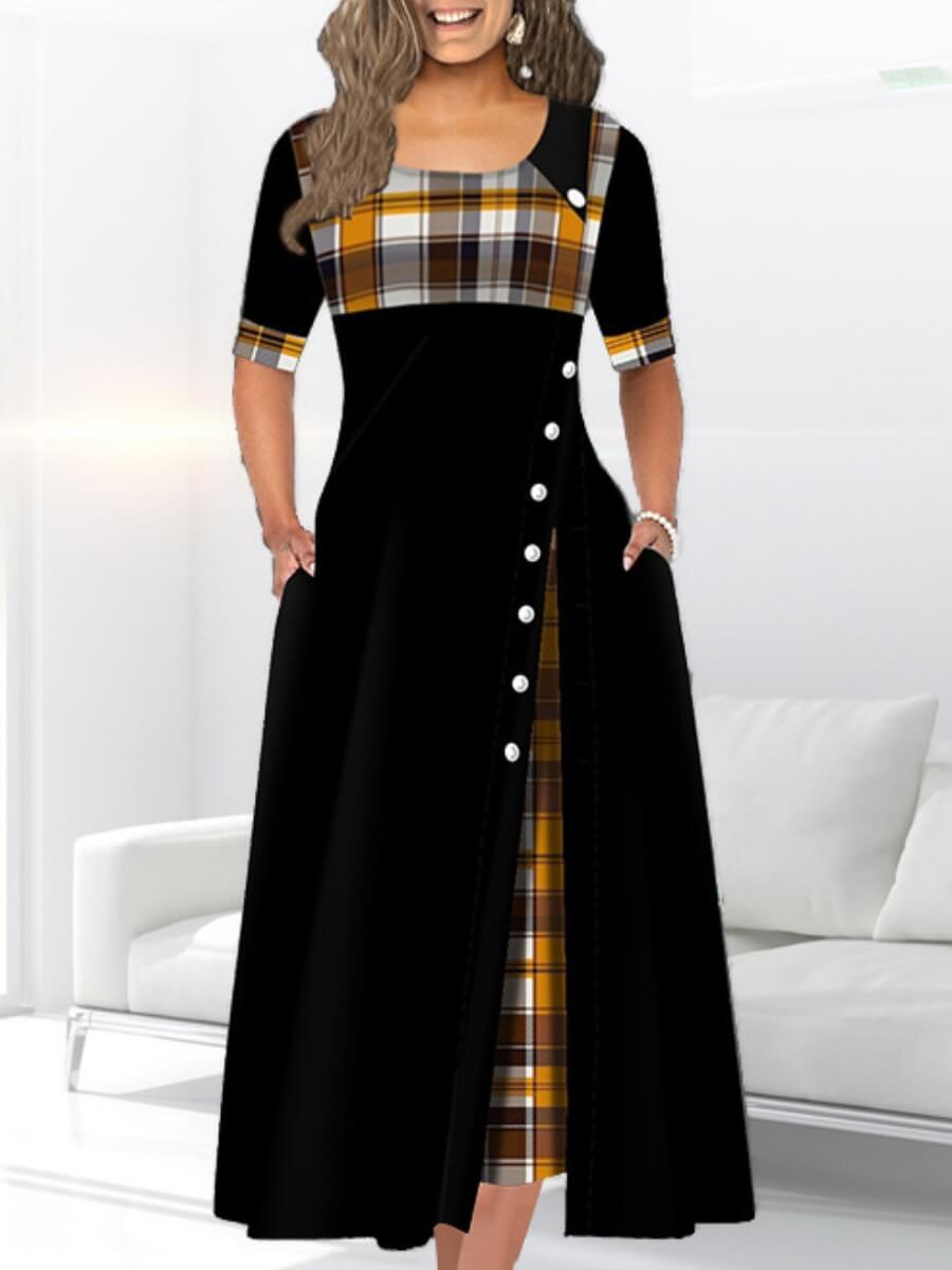 

Lovely Stylish U Neck Buttons Design Patchwork Black Mid Calf Dress