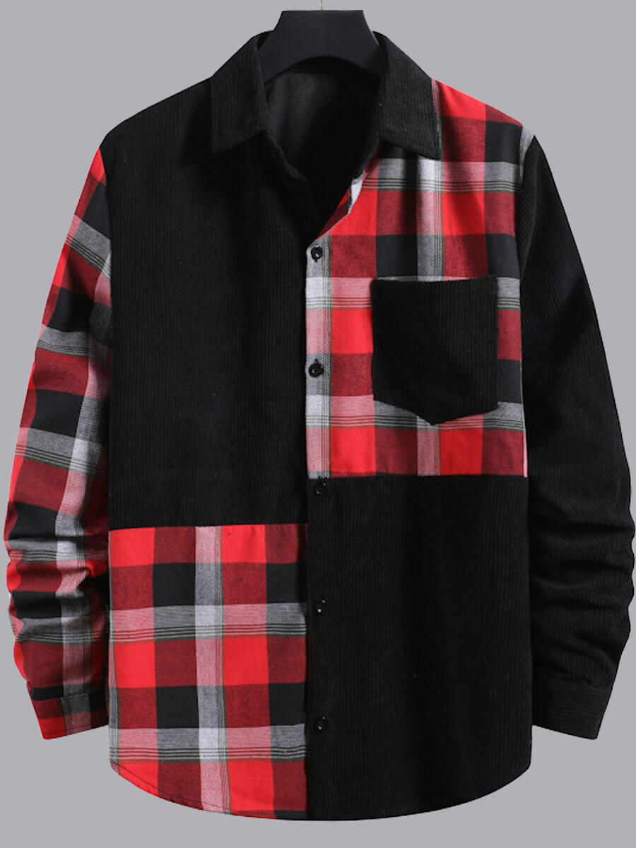 

Lovely Casual Turndown Collar Grid Print Patchwork Black Men Shirt
