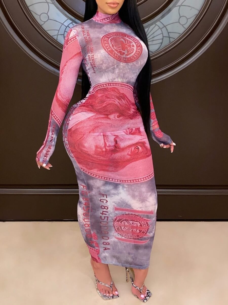 

Lovely Casual Turtleneck Print Pink Ankle Length Dress