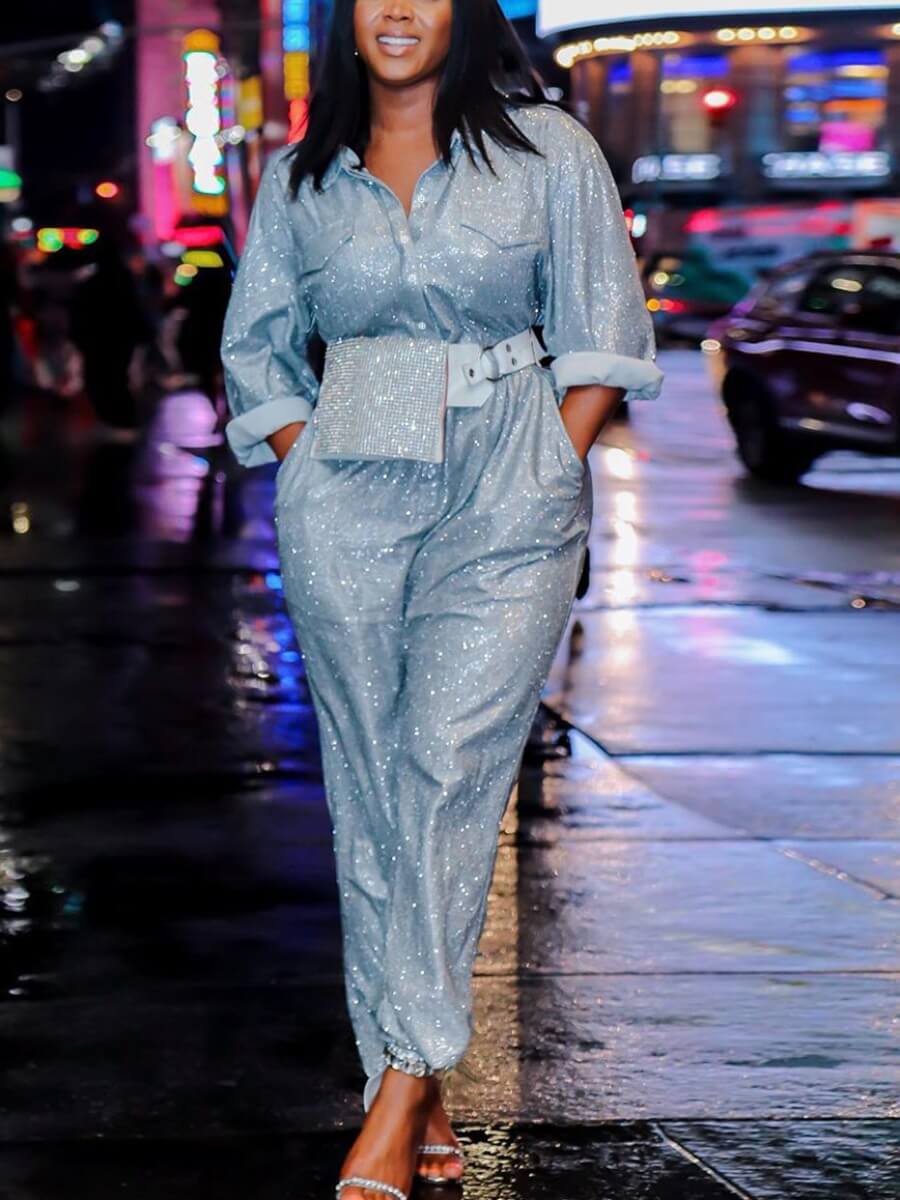

Lovely Trendy Turndown Collar Dot Print Blue One-piece Jumpsuit