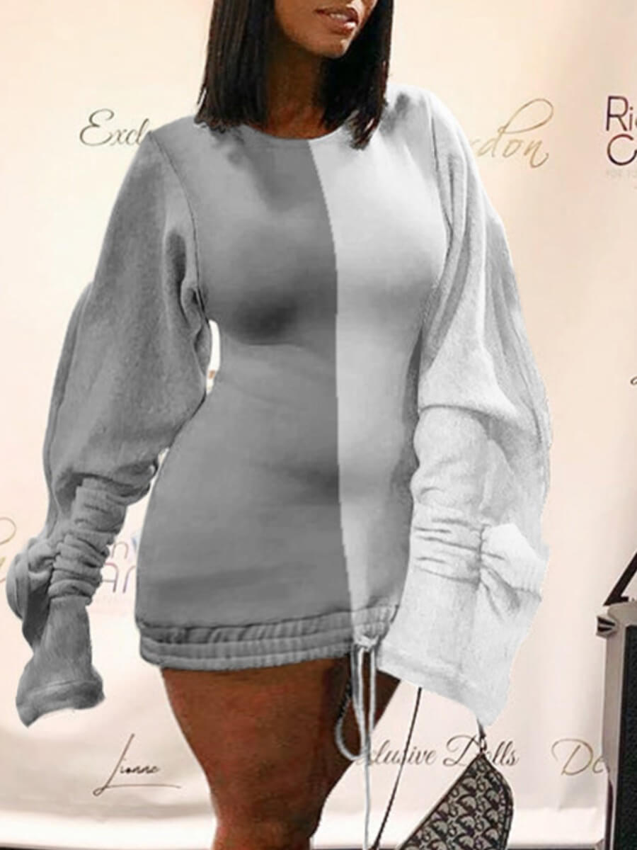 Lovely Casual O Neck Patchwork Grey Mini Plus Size Dress
