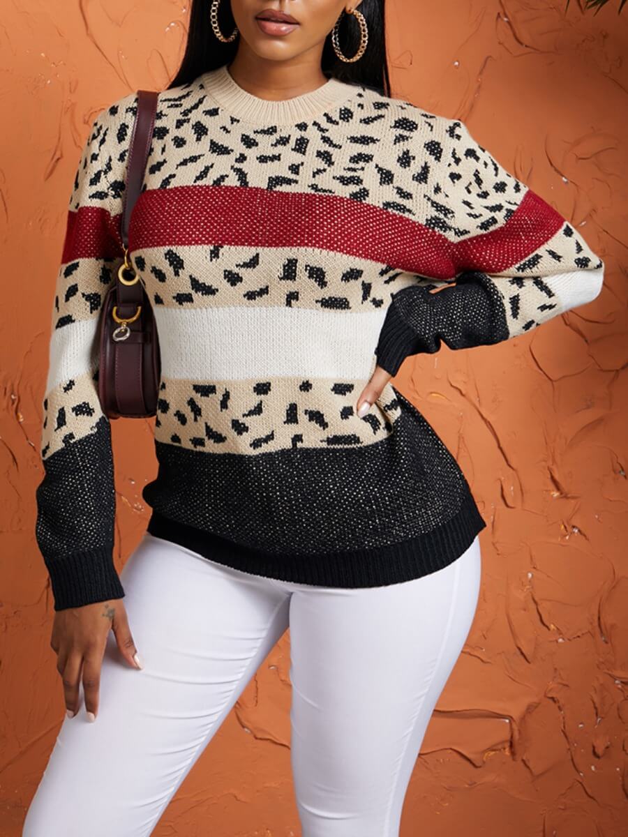 

Lovely Stylish O Neck Leopard Print Patchwork White Sweater