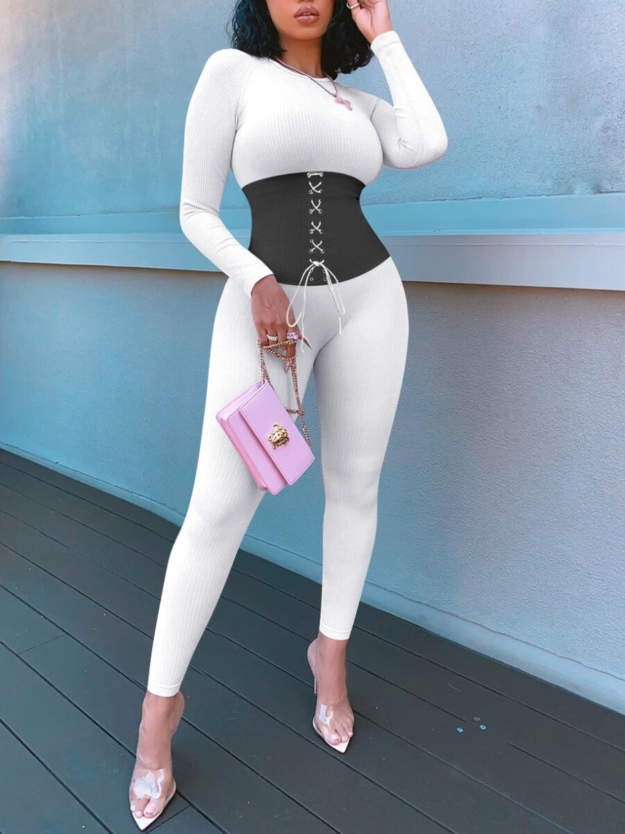 

Lovely Sportswear O Neck Patchwork Bandage Design White One-piece Jumpsuit
