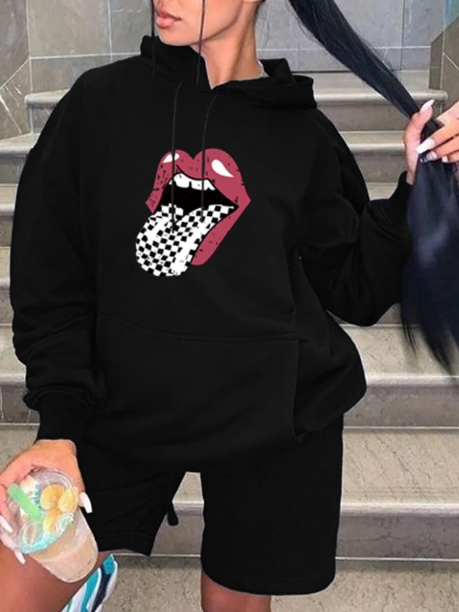 

Lovely Casual Hooded Collar Lip Print Black Hoodie