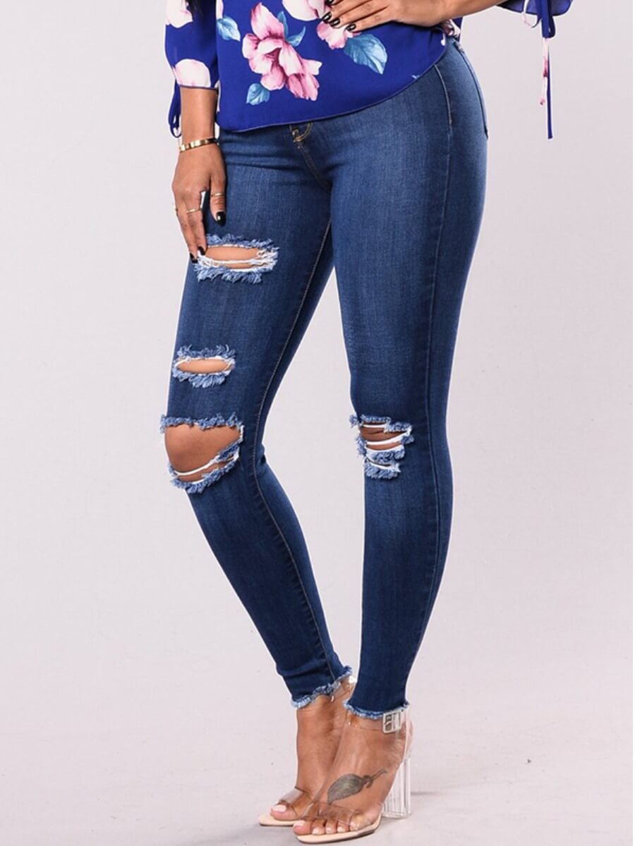 

Lovely Chic Broken Holes Deep Blue Jeans