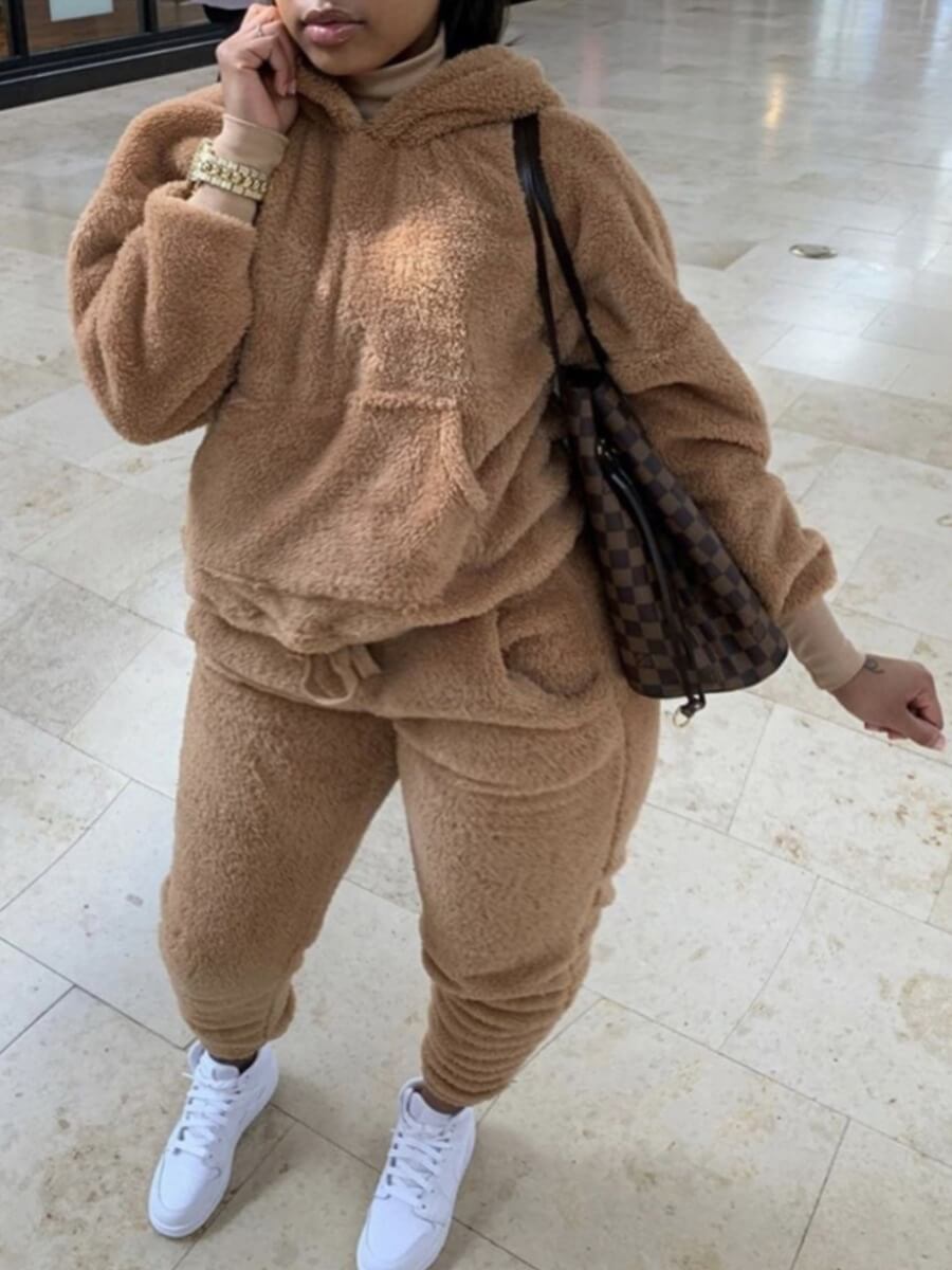 

Lovely Casual Hooded Collar Basic Brown Plus Size Two-piece Pants Set
