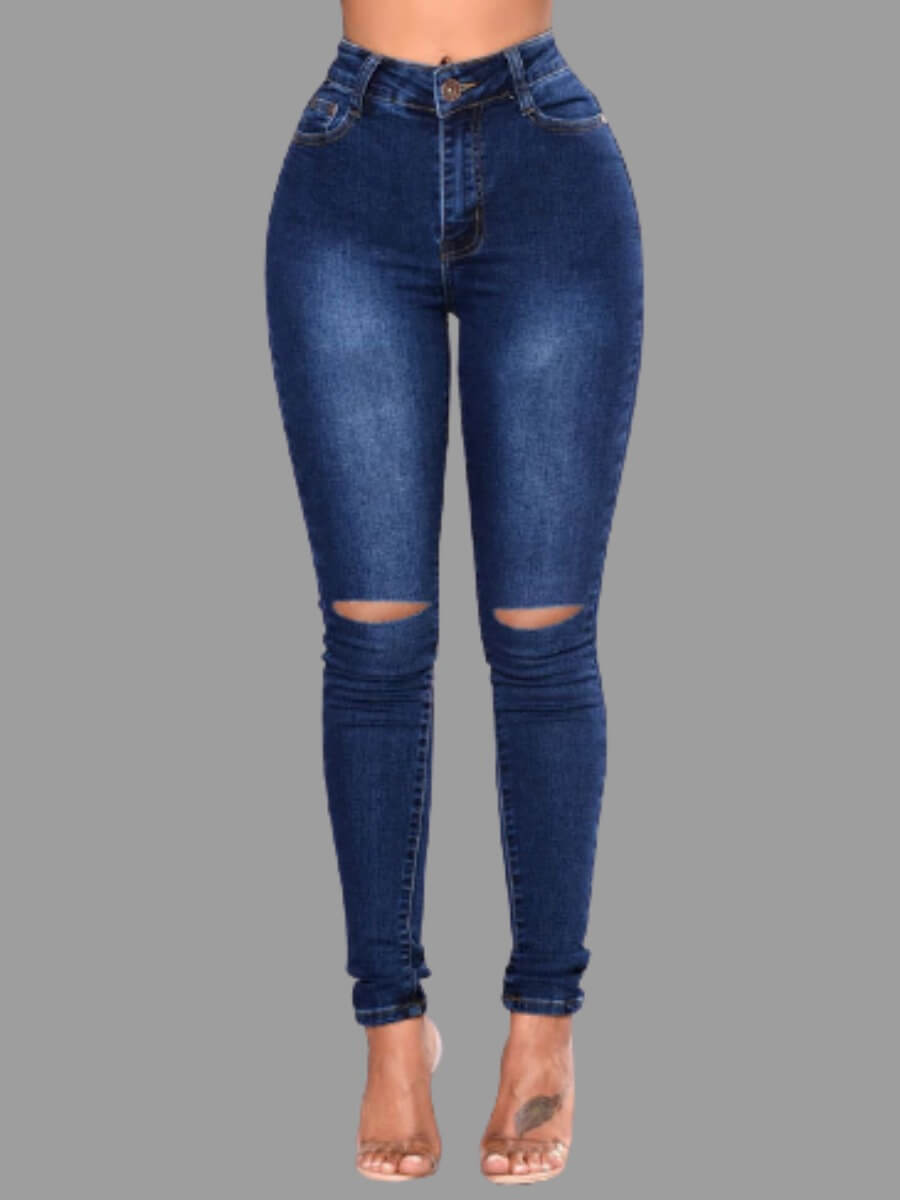 

Lovely Trendy Hollow-out Deep Blue Jeans