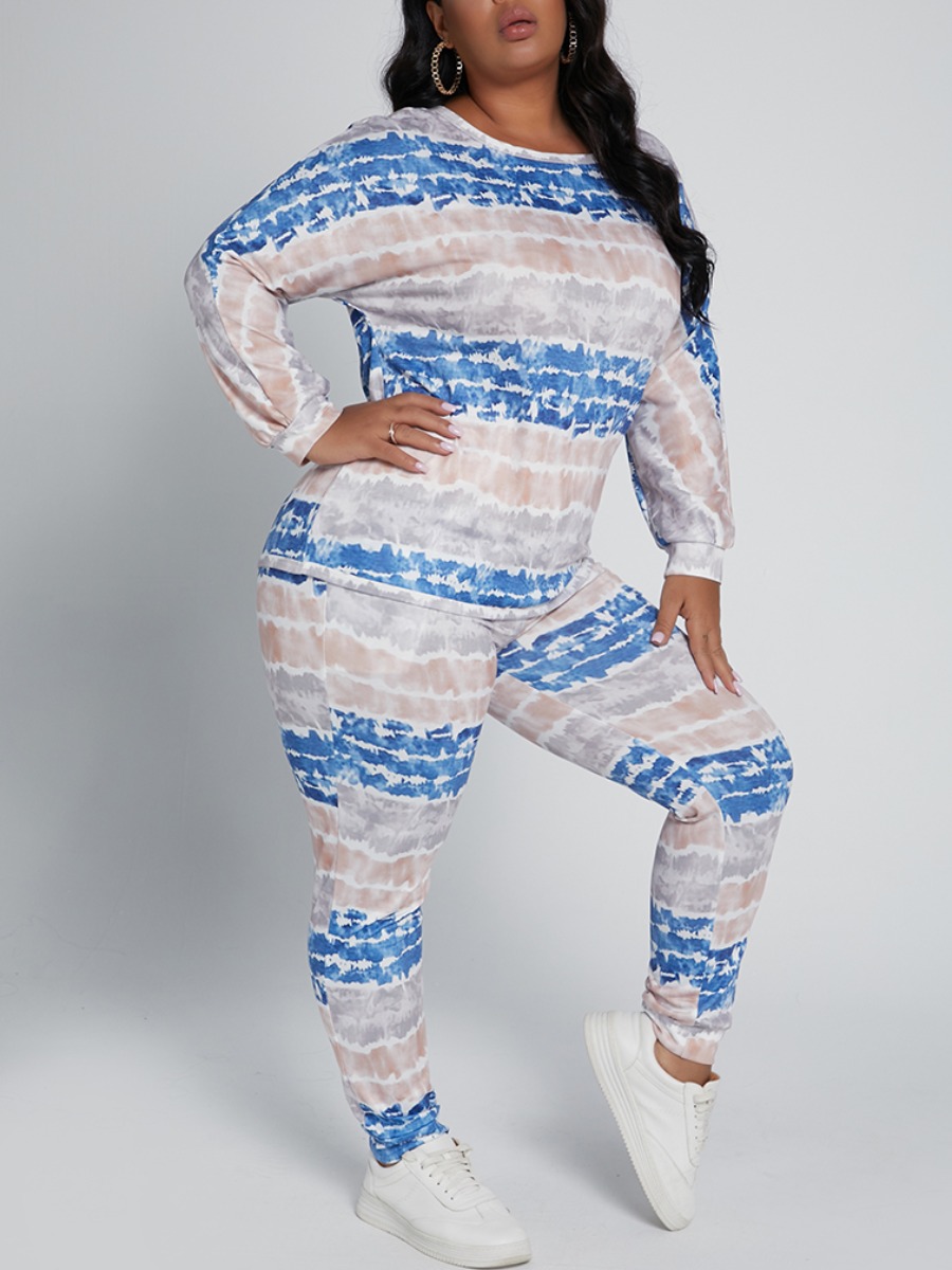 

Lovely Casual O Neck Tie-dye Blue Plus Size Two-piece Pants Set