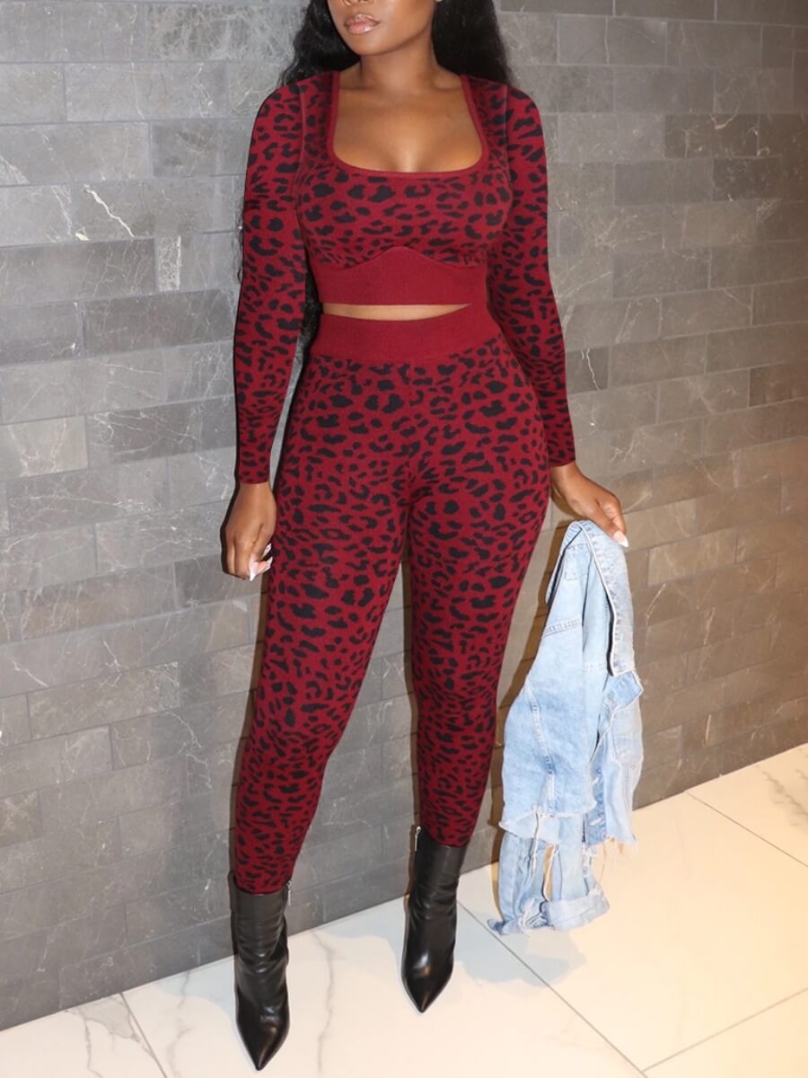 

Lovely Stylish U Neck Leopard Print Red Two Piece Pants Set