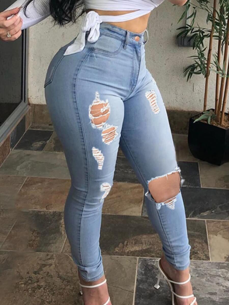 

Lovely Street Hollow-out Baby Blue Jeans
