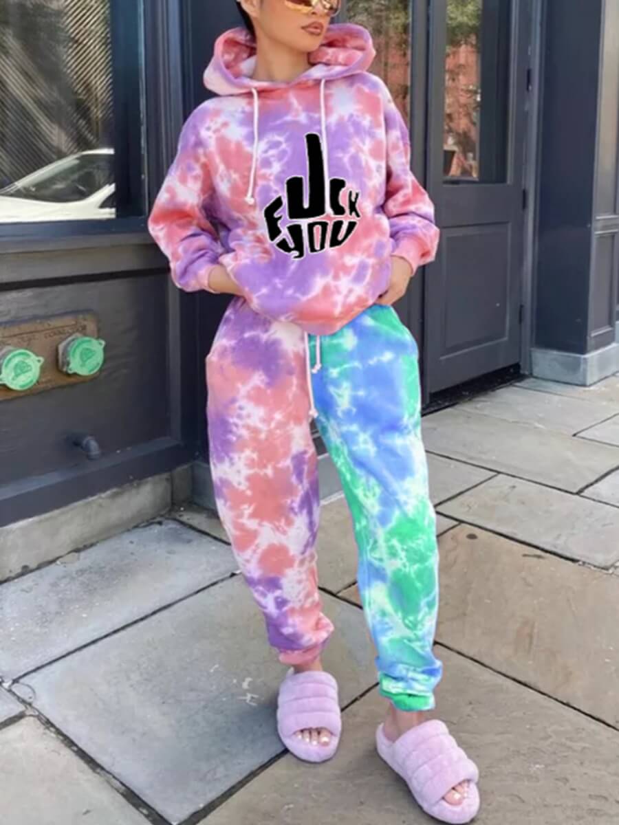 

Lovely Trendy Hooded Collar Tie Dye Purple Two Piece Pants Set