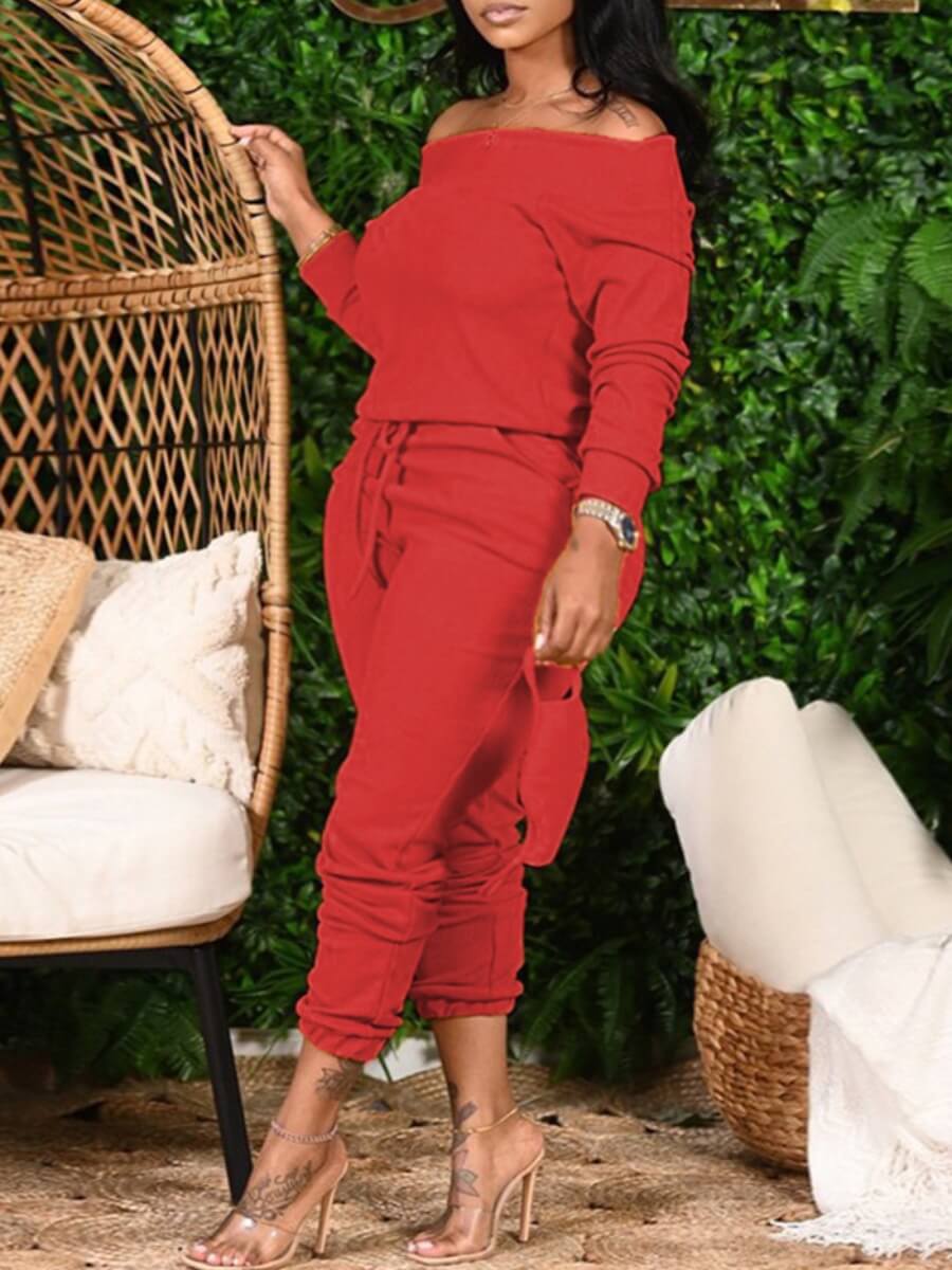 

Lovely Leisure Dew Shoulder Drawstring Red Plus Size Two-piece Pants Set