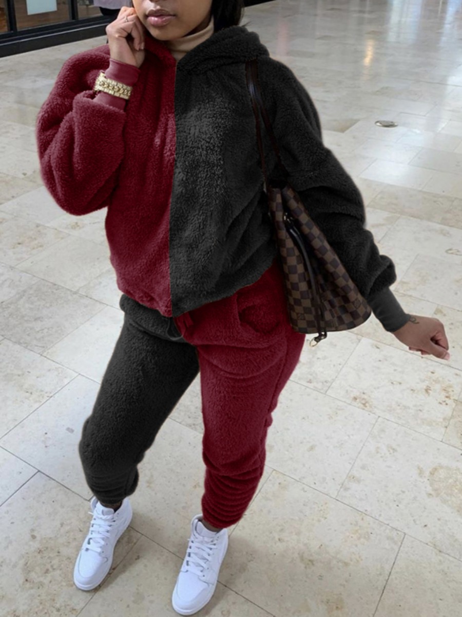 

lovely Casual Hooded Collar Patchwork Wine Red Two Piece Pants Set