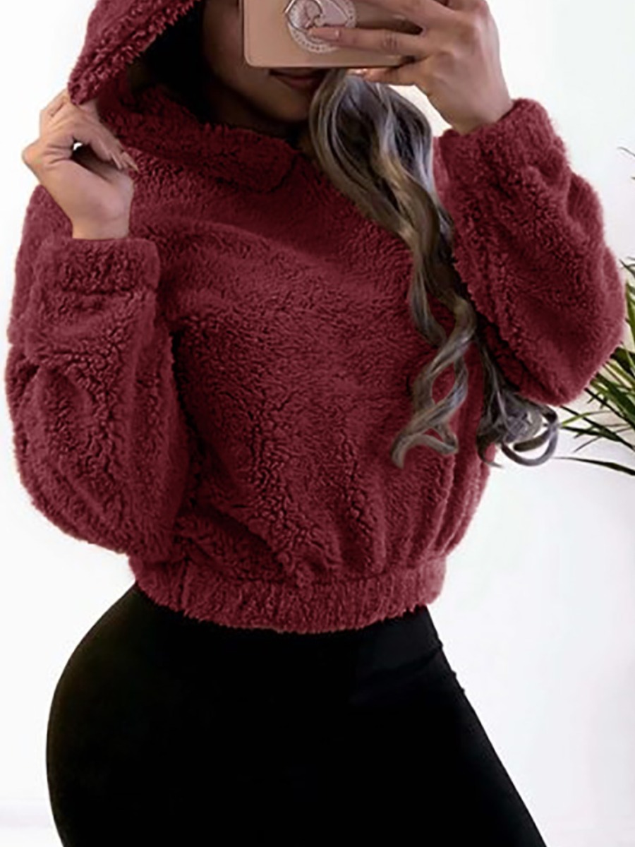 

Lovely Sweet Hooded Collar Basic Wine Red Hoodie