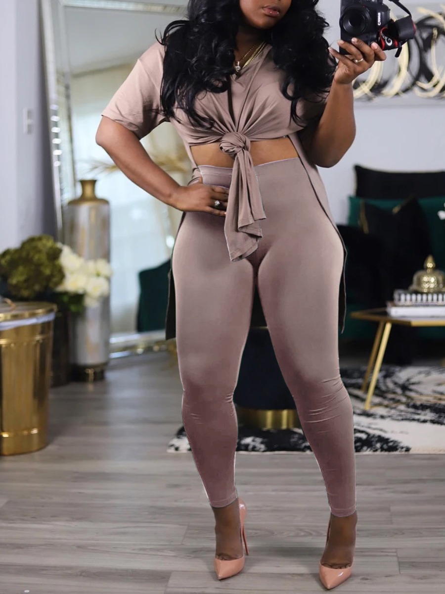 

Lovely Casual V Neck Side Slit Light Camel Two Piece Pants Set