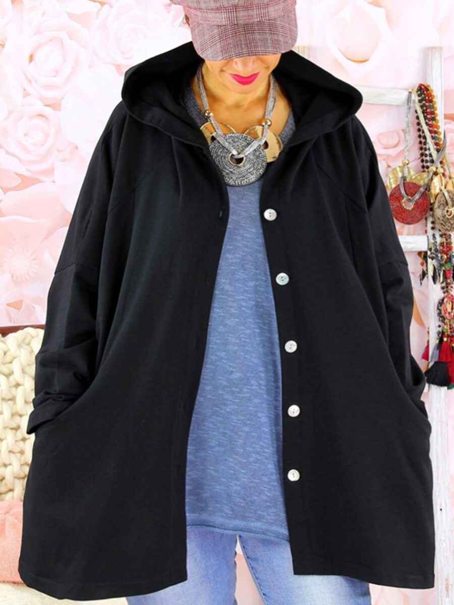 

Lovely Casual Hooded Collar Buttons Design Black Plus Size Trench Coat