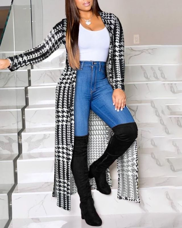 

lovely Casual Print Black Long Coat