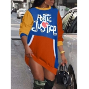 Lovely Street O Neck Patchwork Letter Print Blue M