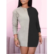 lovely Casual O Neck Patchwork Grey Mini Dress