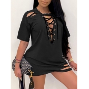 LW Street Bandage Design Hollow-out Black Mini T-s
