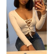 Lovely Street V Neck Bandage Design White T-shirt