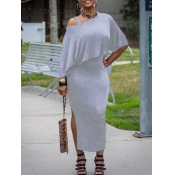lovely Casual Side Slit Grey Two Piece Skirt Set