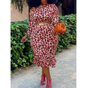 Lovely Casual O Neck Print Red Mid Calf Plus Size 