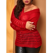 lovely Casual V Neck Hollow-out Red Plus Size Swea