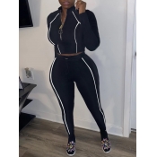 Lovely Sportswear Zipper Design Patchwork Black Tw