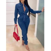Lovely Trendy Turndown Collar Lace-up Blue Denim O