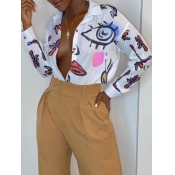 Lovely Casual Turndown Collar Print White Blouse