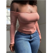 Lovely Street Dew Shoulder Striped Pink T-shirt