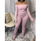 lovely Trendy Dew Shoulder Striped Pink Two Piece 